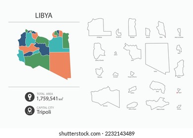 Map of Libya with detailed country map. Map elements of cities, total areas and capital.