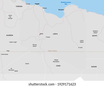 Map of Libya. Map is drawn in high detail and for clarity shows only major cities. Country is drawn with neighboring countries.