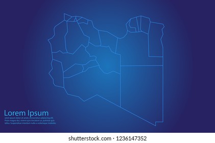 Map of libya - With glowing point and lines scales on the dark gradient background.french Polynesia map with country borders, thin Blue outline on Dark background.