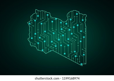 Map of Libya, network line, design sphere, dot and structure on dark background with Map Libya, Circuit board. Vector illustration. Eps 10