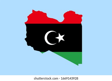 Map of Libya on a blue background, Flag of Libya on it.