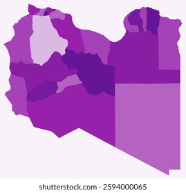 Map of Libya with regions. Just a simple country border map with region division. Purple color palette. Plain Libya shape with administrative division. Vector illustration.