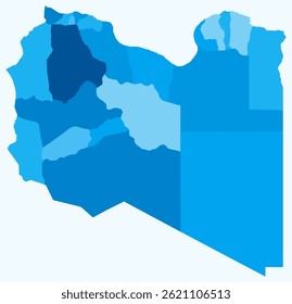 Mapa da Líbia com regiões. Apenas um simples mapa de fronteira de país com divisão de região. Paleta de cores azul claro. Forma de Líbia em branco com divisão administrativa. Ilustração vetorial.