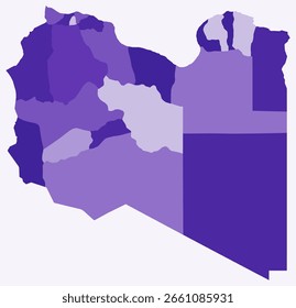 Mapa de Libia con regiones. Solo un simple mapa de la frontera del país con la división de la región. Paleta de color púrpura profundo. Forma libia sencilla con división administrativa. Ilustración vectorial.
