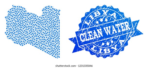 Map of Libya vector mosaic and clean water grunge stamp. Map of Libya designed with blue water drops. Seal with corroded rubber texture for natural drinking water.
