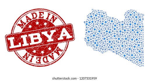 Map of Libya vector mosaic and Made In grunge stamp. Map of Libya created with blue cog links. Made in red seal with grunge rubber texture.