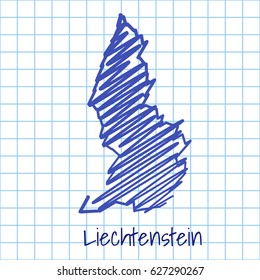 Map of Liechtenstein, blue sketch abstract background. The hand drawn map on school grid background texture. scribble pan vector illustration