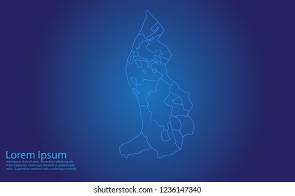 Map of liechtenstein - With glowing point and lines scales on the dark gradient background.french Polynesia map with country borders, thin Blue outline on Dark background.