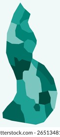 Map of Liechtenstein with regions. Just a simple country border map with region division. Teal color palette. Blank Liechtenstein shape with administrative division. Vector illustration.