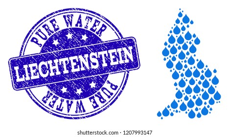 Map of Liechtenstein vector mosaic and Pure Water grunge stamp. Map of Liechtenstein created with blue water raindrops. Seal with corroded rubber texture for pure drinking water.