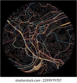 Map of Liege, Liège with all major and minor roads, railways and waterways. Colorful line art on black background.
