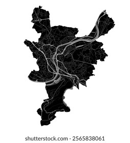 Map of Liege, Belgium. Detailed city vector map, metropolitan area. Black and white streetmap with roads and water.