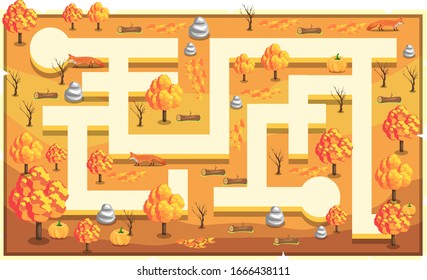 Map Light Orange Nature with path and big trees, woods, rocks, fox, and pumpkin for 2D Game Platformer Vector Illustration