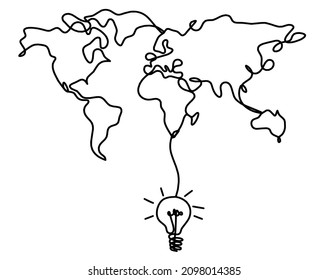 Mapa con bombilla como plano de línea sobre fondo blanco. Vector