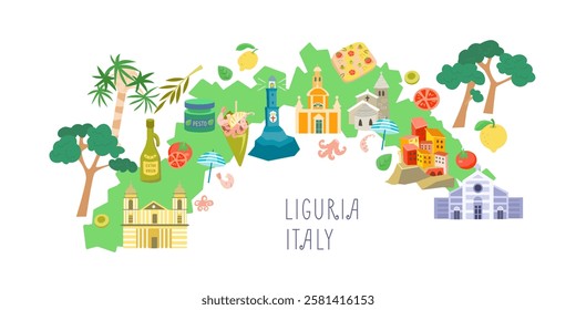 Map of Liguria, Italy. Sights and buildings. Traditional Mediterranean nature and food. Italy and tourism. Isolated illustration on white background. 