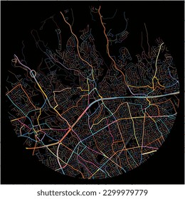 Map of Limassol, Limassol with all major and minor roads, railways and waterways. Colorful line art on black background.
