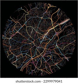 Map of Limoges, Haute-Vienne with all major and minor roads, railways and waterways. Colorful line art on black background.