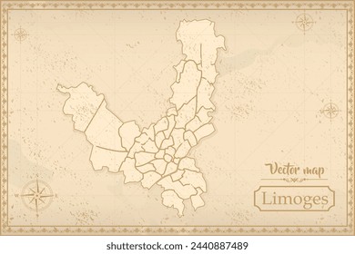 Map of Limoges in the old style, brown graphics in retro fantasy style. city in France.