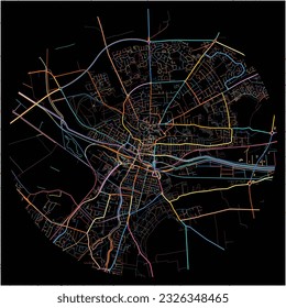 Map of Lincoln, East Midlands with all major and minor roads, railways and waterways. Colorful line art on black background.
