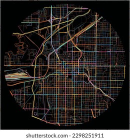 Map of Lincoln, Nebraska with all major and minor roads, railways and waterways. Colorful line art on black background.