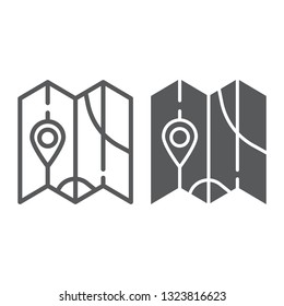 Map line and glyph icon, direction and location, navigation sign, vector graphics, a linear pattern on a white background, eps 10.