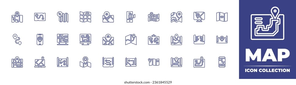 Map line icon collection. Editable stroke. Vector illustration. Containing map, treasure, world map, underground, location, game map, mobile, street.