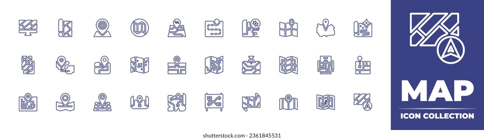 Map line icon collection. Editable stroke. Vector illustration. Containing map, pin, street, treasure, location, placeholder.