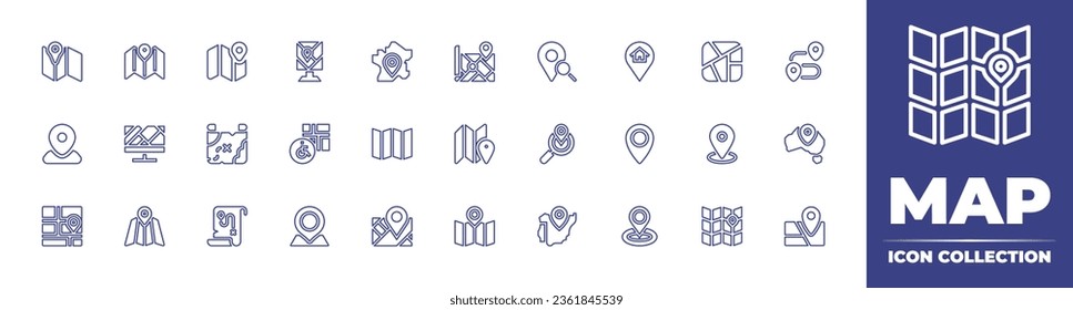Map line icon collection. Editable stroke. Vector illustration. Containing location pin, search, pin, location, spain, gps, route, france, city map, navigation, australia, triptych, map, map location,