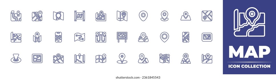 Map line icon collection. Editable stroke. Vector illustration. Containing gps, pin, location, maps, map, location, maps and flags, mobile, street, marker, treasure map.