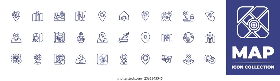 Map line icon collection. Editable stroke. Vector illustration. Containing map, google maps, location pin, pin, destination, peru, address, travel, library, circuit, map location, placeholder.