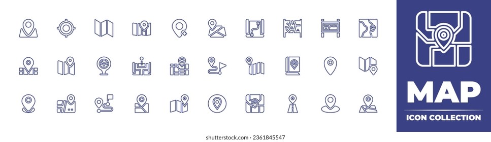 Map line icon collection. Editable stroke. Vector illustration. Containing gps navigator, map, pin, city, destination, placeholder, location, target, maps, distance, map book, sign.