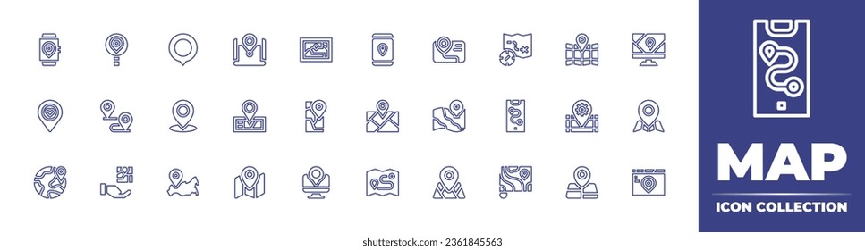 Map line icon collection. Editable stroke. Vector illustration. Containing map location, location, map, gps, smartphone, place, placeholder, location pin, destination, website, smartwatch, search.