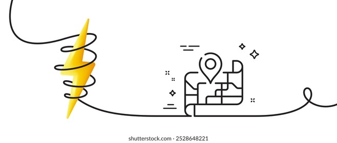 Icono de línea de mapa. Línea continua con rizo. Coloque el signo del alfiler. Símbolo de viaje por carretera. Asignar una sola cinta de contorno. Curva de bucle con energía. Vector