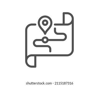 Map line icon. Road trip sign. Journey route distance symbol. Quality design element. Linear style map icon. Editable stroke. Vector