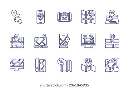 Map line icon set. Editable stroke. Vector illustration. Containing map, mobile map, street, treasure map.