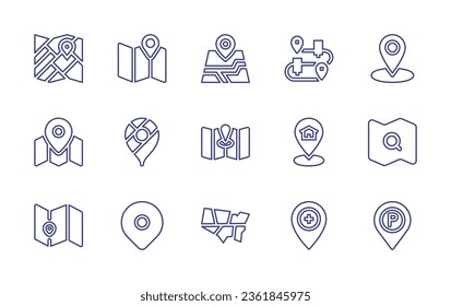 Map line icon set. Editable stroke. Vector illustration. Containing street map, map, placeholder, route, location, google maps, search, location pin, parking.