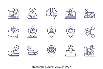 Map line icon set. Editable stroke. Vector illustration. Containing map, gps, australia, location, united states of america, pointer, placeholder, pin, share, finish, track, locator.
