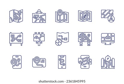 Map line icon set. Editable stroke. Vector illustration. Containing map, world map, city, mobile map.