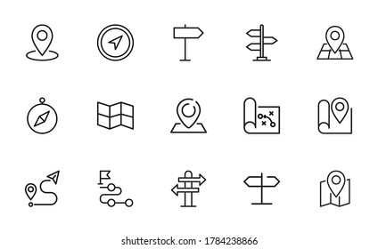 Conjunto de iconos de línea de mapa. Elementos vectores de trazo para el diseño de moda. Pictogramas simples para concepto móvil y aplicaciones web. Iconos de línea de vectores aislados en un fondo blanco.