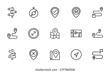 Map line icons set. Stroke vector elements for trendy design. Simple pictograms for mobile concept and web apps. Vector line icons isolated on a white background.
