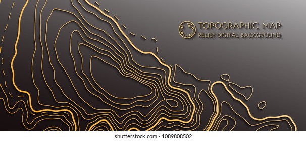 Map line of topography. Vector abstract topographic map concept with space for your copy. Mountain hiking. Gold map