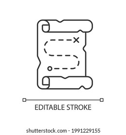 Map linear icon. Searching for pirate treasure. Marked path on vintage scroll. Clues for riddles. Thin line customizable illustration. Contour symbol. Vector isolated outline drawing. Editable stroke