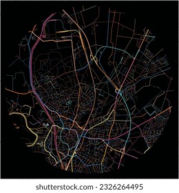 Map of LingenEms, Lower Saxony with all major and minor roads, railways and waterways. Colorful line art on black background.