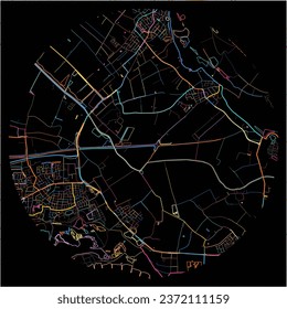 Map of Lingewaard, Gelderland with all major and minor roads, railways and waterways. Colorful line art on black background.