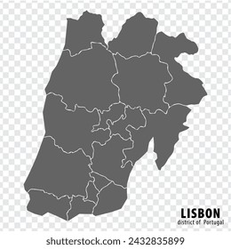 Mapa del distrito de Lisboa sobre fondo transparente. Mapa del distrito de Lisboa con municipios en gris para el diseño de su sitio web, logotipo, aplicación, UI. Portugal. EPS10.