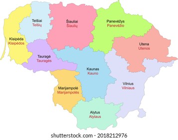 Map of Lithuania with administrative divisions by counties - Labels of territorial subdivisions in English and in Lithuanian