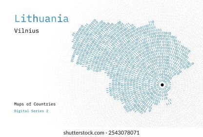 Um mapa da Lituânia representado em zeros e uns na forma de um círculo. A capital, Vilnius, é mostrada no centro do círculo	