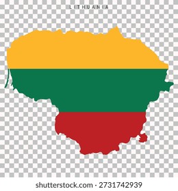 Mapa de Lituania lleno de colores de la bandera nacional, aislado sobre fondo transparente. Mapa político limpio para uso en geografía, educación, noticias y diseño.