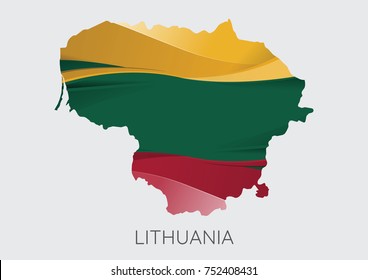 Map Of Lithuania With Flag As Texture Isolated On Grey Background. Vector Illustration