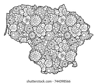 Map of Lithuania with flowers. Black and white vector illustration, coloring page for adults